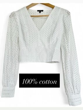 White Cotton Crop Top Eyelet Lace Blouse Long Sleeve Large